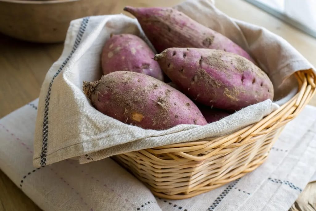 Japanese sweet potatoes freshly harvested, highlighting their signature purple skin and natural earthiness.