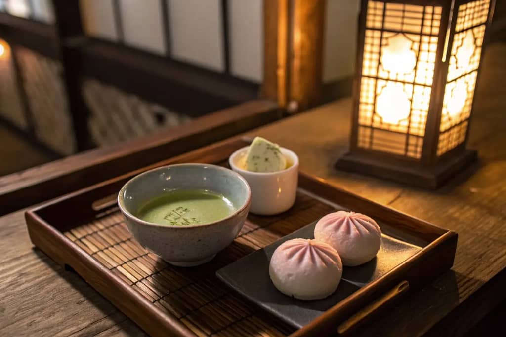 A peaceful final view of a Japanese tea dessert setting, merging matcha’s rich flavor with the delicate sweetness of wagashi.