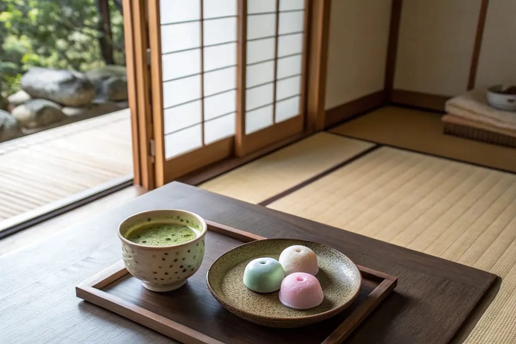 A traditional Japanese tea setting featuring matcha and wagashi, illustrating the aesthetic harmony central to Japanese tea desserts.