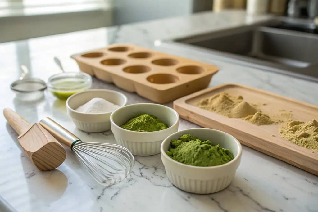 Essential ingredients and traditional tools used in crafting Japanese tea desserts, including matcha, anko paste, and specialized molds.