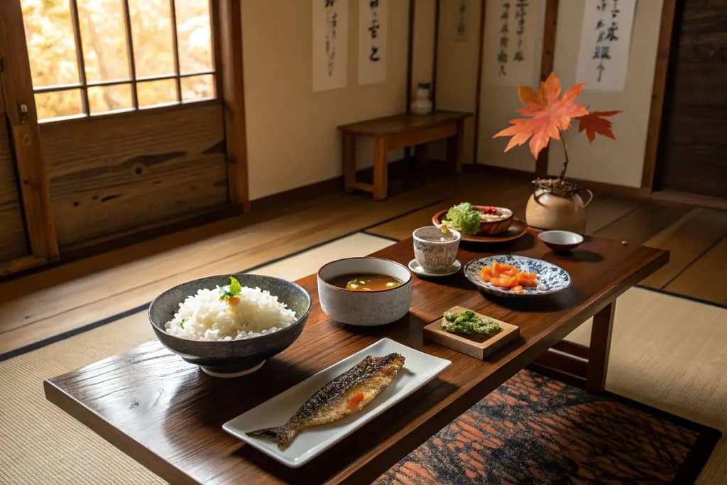 A cozy scene representing a typical Japanese home-cooked meal in late autumn, loosely evoking a “Thanksgiving” moment.