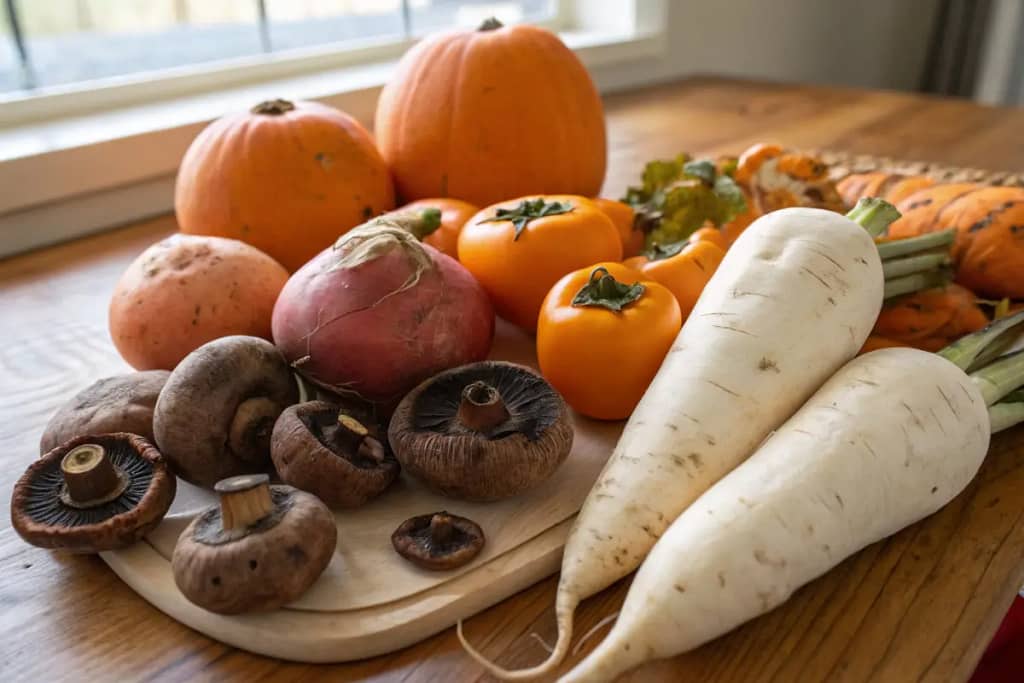 Seasonal Japanese produce often eaten in late autumn, reflecting simple but comforting meals during Labor Thanksgiving Day.