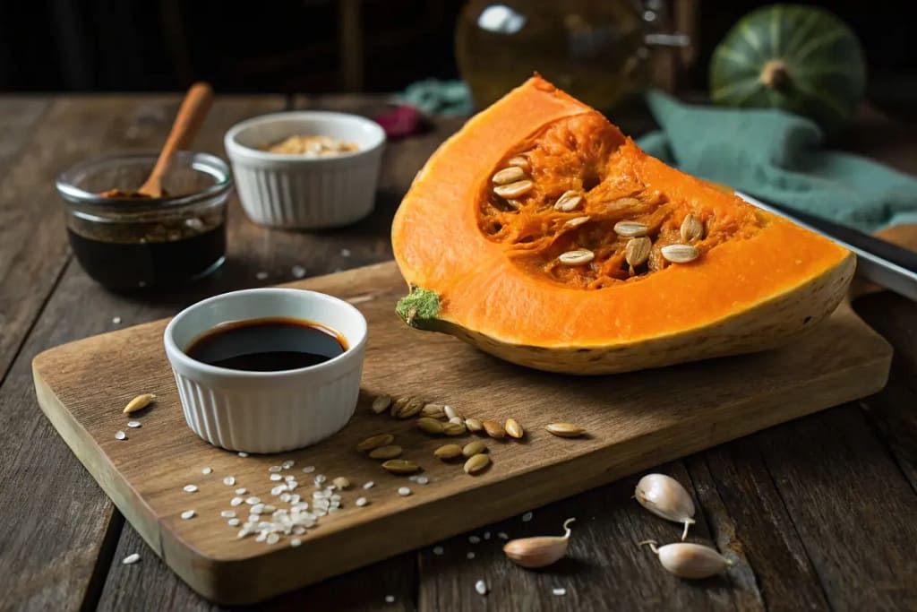  Close-up cross-section of a kabocha squash (Japanese pumpkin) showcasing its vibrant interior and potential seasoning partners.