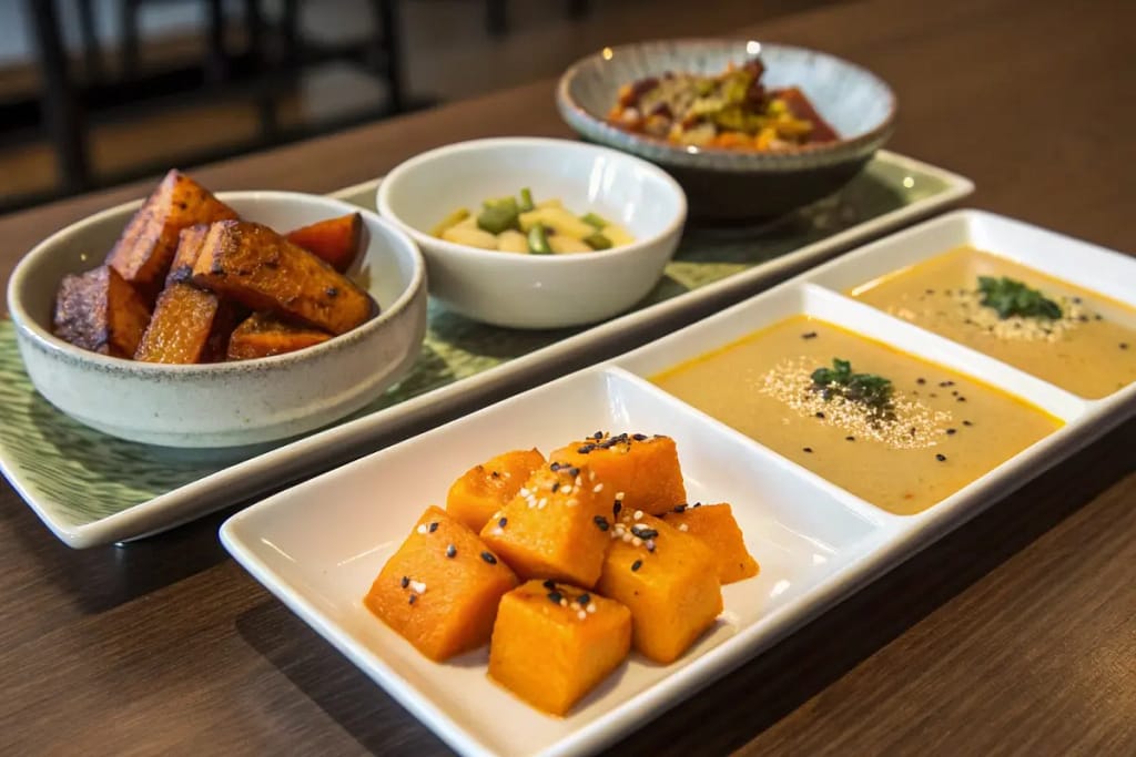 Four must-try Japanese pumpkin dishes—nimono, roasted, tempura, and creamy soup—arranged on a stylish dinner table.