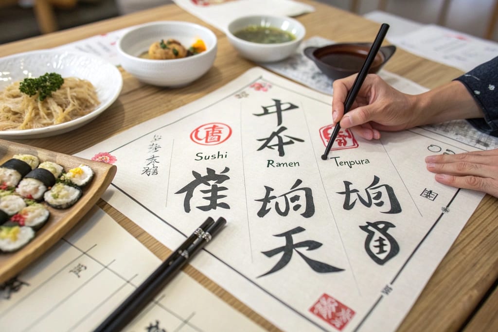 Kanji characters for food elegantly written in traditional Japanese calligraphy, paired with illustrations of popular Japanese dishes.