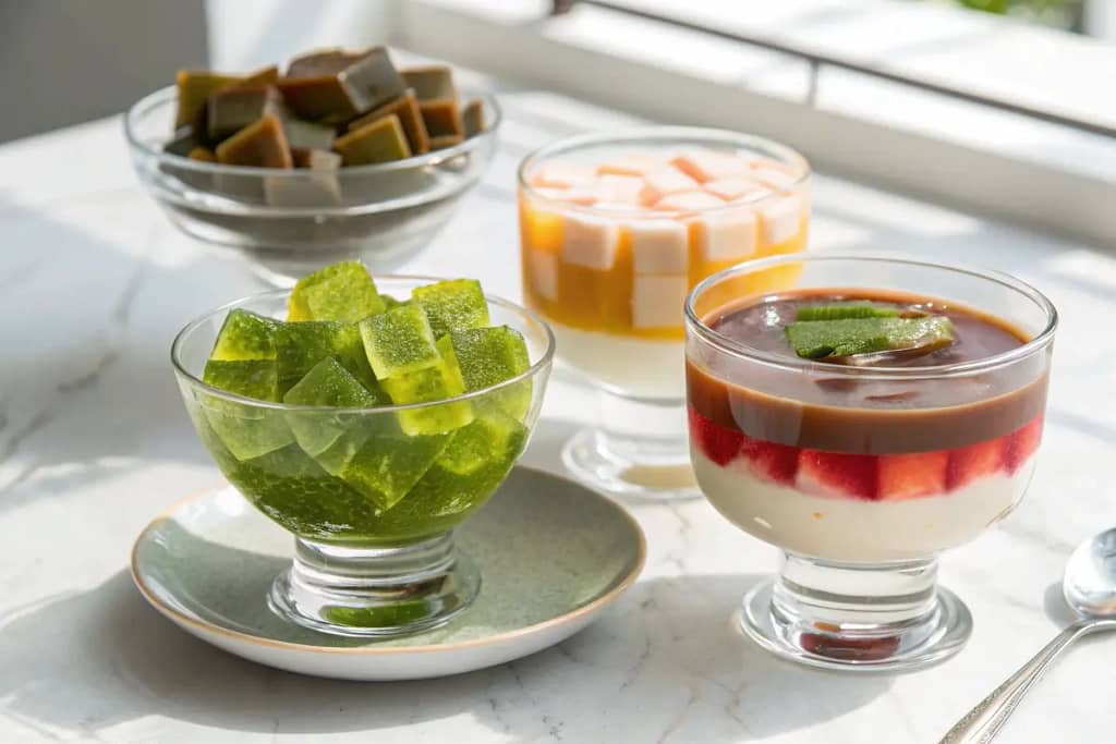  A trio of kanten-based jelly desserts showcasing various flavors—fruit, matcha, and coffee—for refreshing Japanese treats.