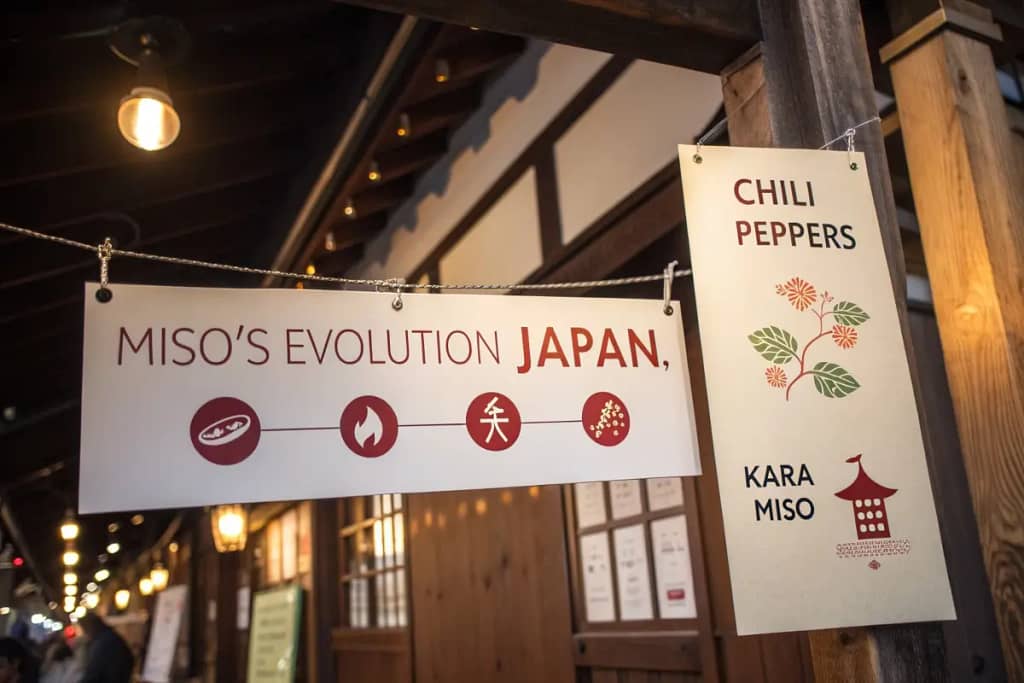 A concise timeline showing how chili peppers merged into traditional miso, leading to the rise of kara miso in modern Japanese cuisine.