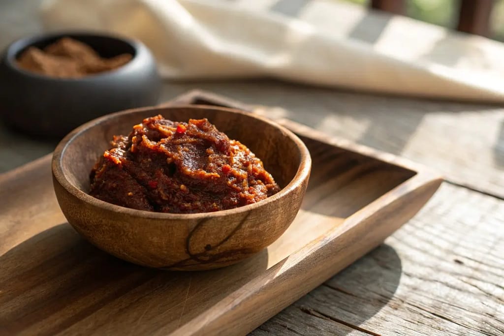  A bowl of kara miso displaying its rich, spiced color, hinting at the bold flavor hidden within the fermented paste.