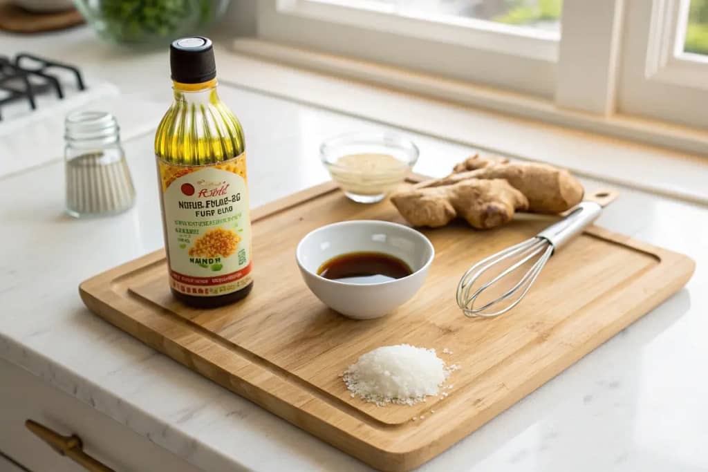 Foundational ingredients for Japanese-style salad dressings, including rice vinegar, soy sauce, ginger, sesame oil, and sugar.