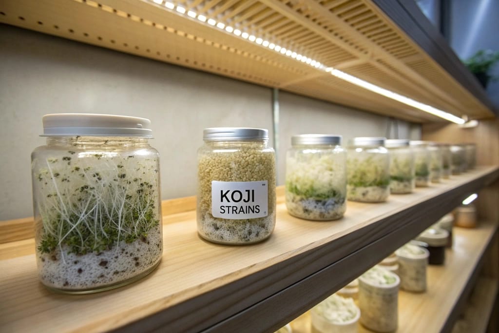 Jars of various koji strains cultivating on rice, showcasing the foundational mold crucial for fermented products in Japanese cuisine.