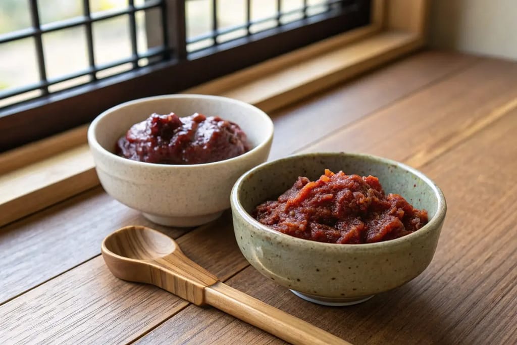  Two types of Japanese sweet bean paste—koshian (smooth) and tsubuan (chunky)—showcasing textural differences in anko.