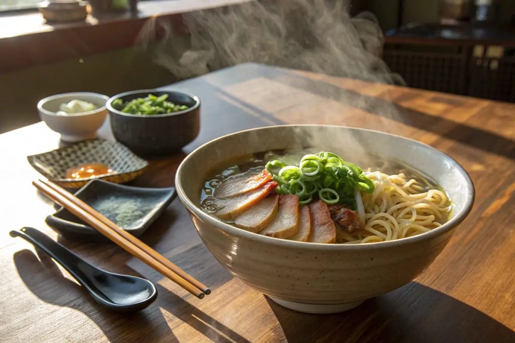  A complete ramen meal served in a large ceramic bowl, reflecting the perfect blend of capacity, design, and comforting warmth.