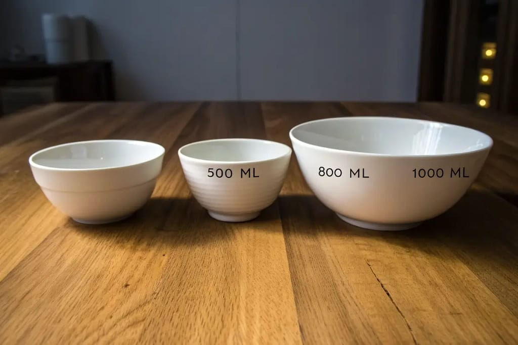  Three different bowl sizes displayed to show how a larger ramen bowl can hold more broth, noodles, and toppings comfortably.