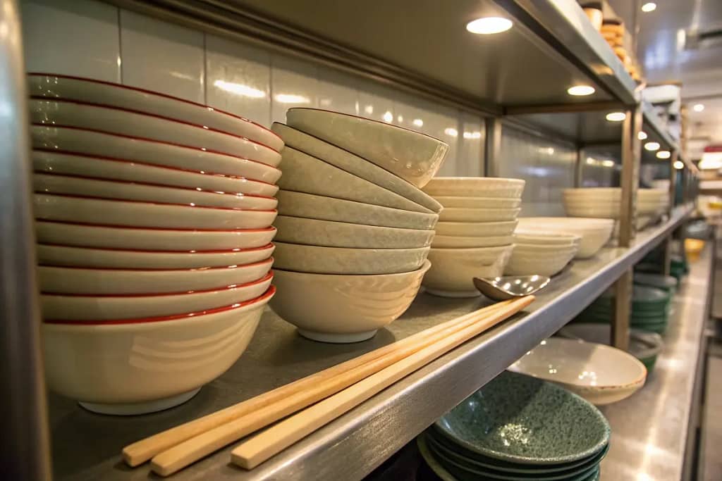  Stacked large ramen bowls with protective padding, emphasizing safe storage, plus complementary chopsticks and ramen spoons for a complete dining setup.