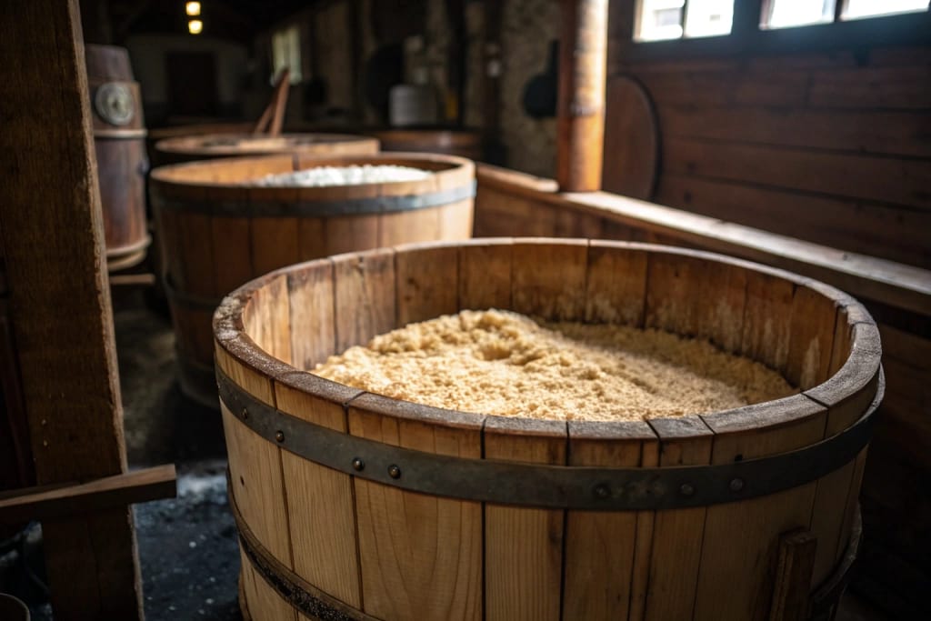 A glimpse inside a wooden miso barrel, revealing the fermenting process that harnesses beneficial microbes key to Japanese biota cuisine.