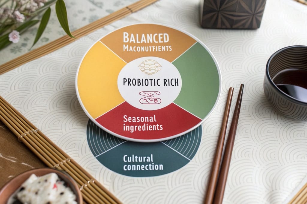 A diagram highlighting the health and cultural benefits of a modern Japanese breakfast, including balanced nutrients and tradition