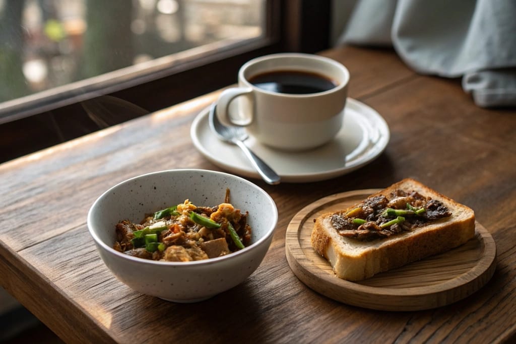 A final snapshot of a modern Japanese breakfast—coffee, toast with miso spread, and leftover stir-fry—melding tradition and convenience