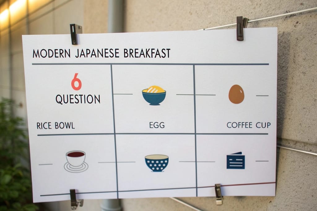 FAQ board on modern Japanese breakfast, addressing common queries about tradition, Western influences, and cooking tips.