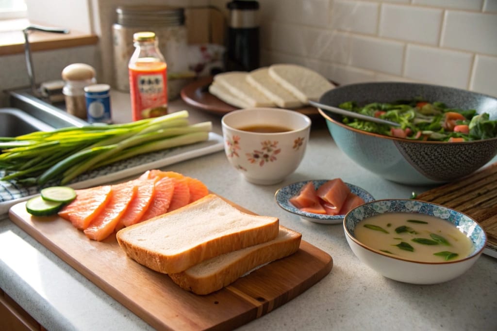 Ingredients for a modern Japanese breakfast, blending milk bread, salmon, instant miso soup, and fresh vegetables.