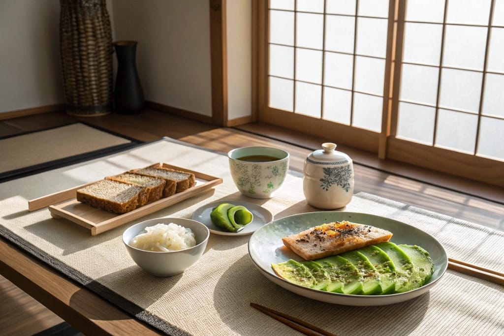 A contemporary Japanese breakfast table combining classic staples like rice and grilled fish with Western avocado toast.