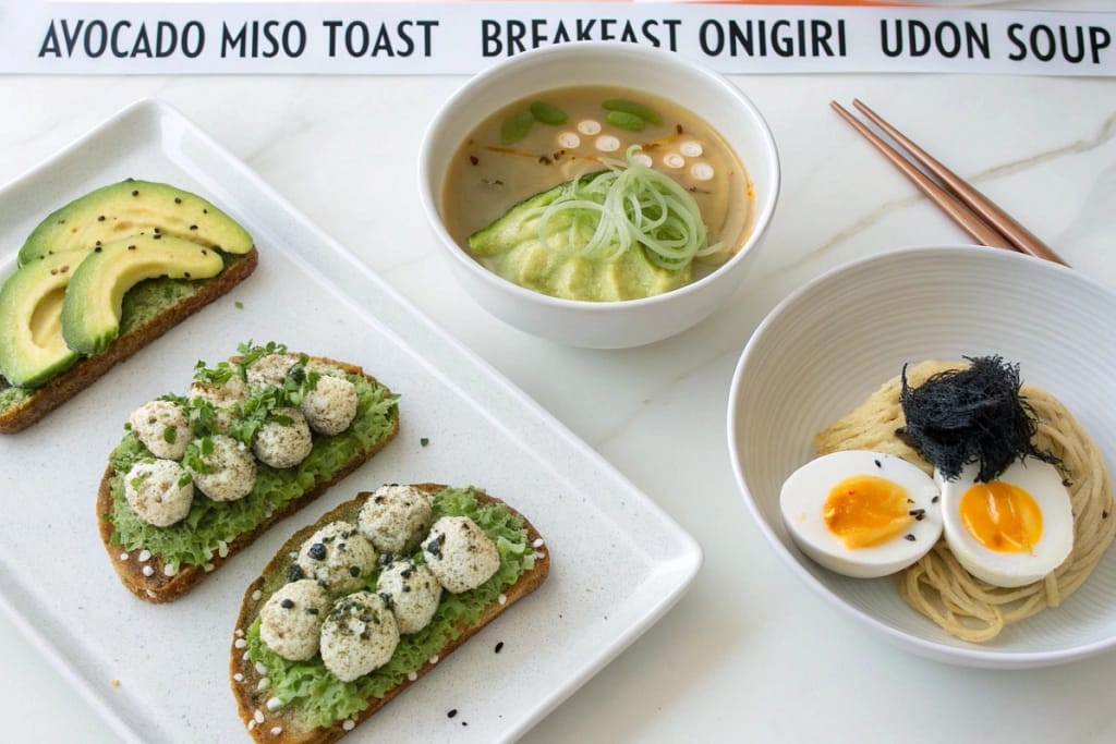 Three creative modern Japanese breakfast dishes—avocado miso toast, onigiri, and udon soup—showcasing easy fusion ideas.