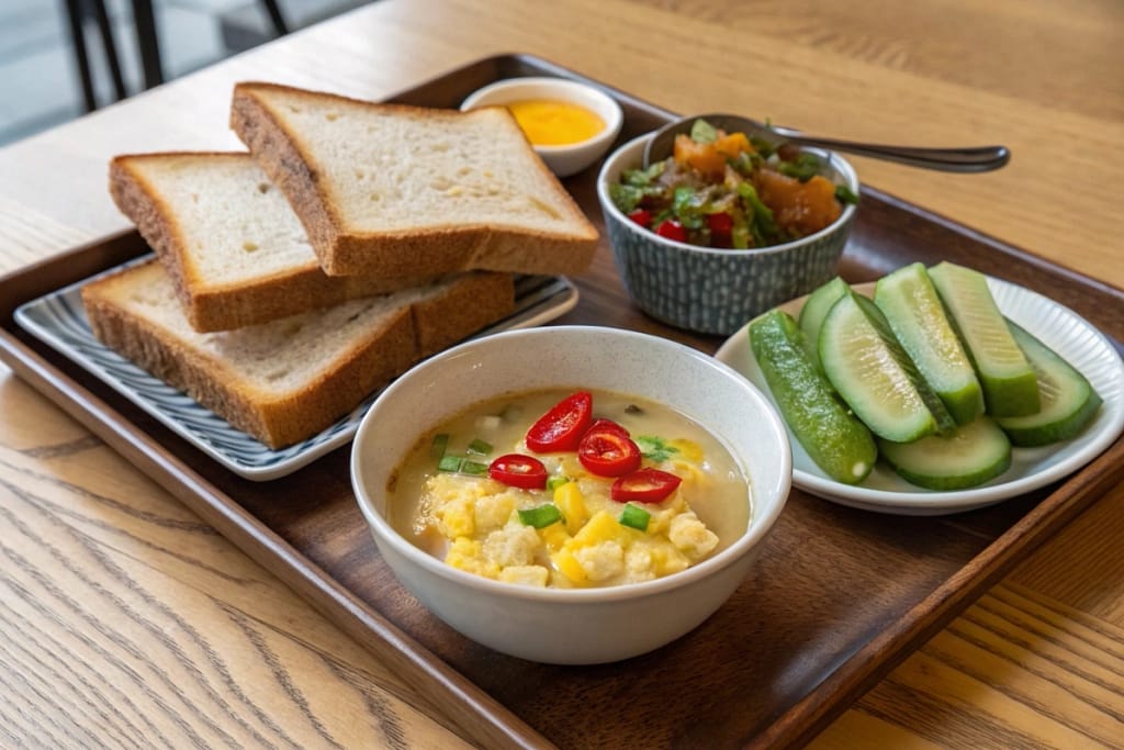 “A typical modern Japanese breakfast spread with shokupan toast, scrambled eggs, miso soup, and pickled cucumbers.