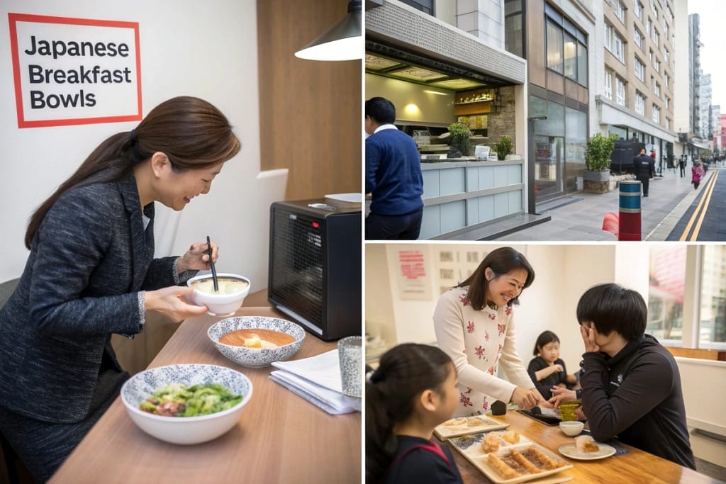 Four real-life examples showing how modern Japanese breakfast adapts to busy professionals, families, students, and fusion cafés