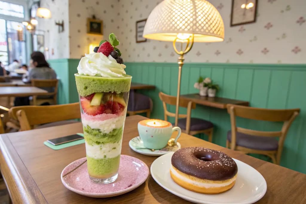 A snapshot of Japan’s modern dessert fusions: matcha parfait, mochi donut, and airy Japanese cheesecake—highlighting innovative flavors and textures.