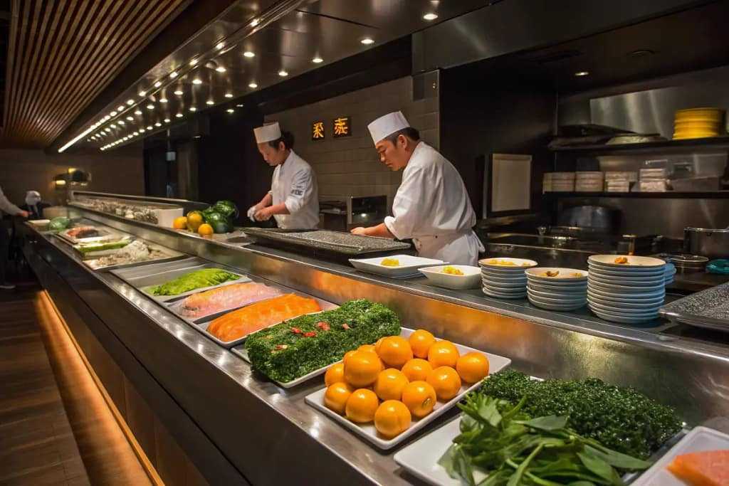  Modern Japanese kitchen emphasizing fresh, seasonal produce that aligns with Shinto’s reverence for natural balance and purity.