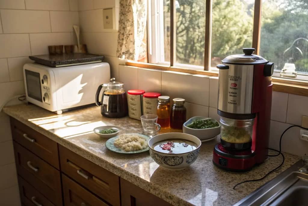 A home kitchen scene merging Western toast, jam, and coffee with a bowl of rice and miso soup for a modern Japanese breakfast.