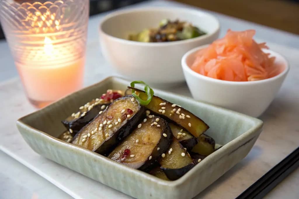  A concluding image showcasing pickled eggplant slices elegantly plated, inviting a final savory bite.