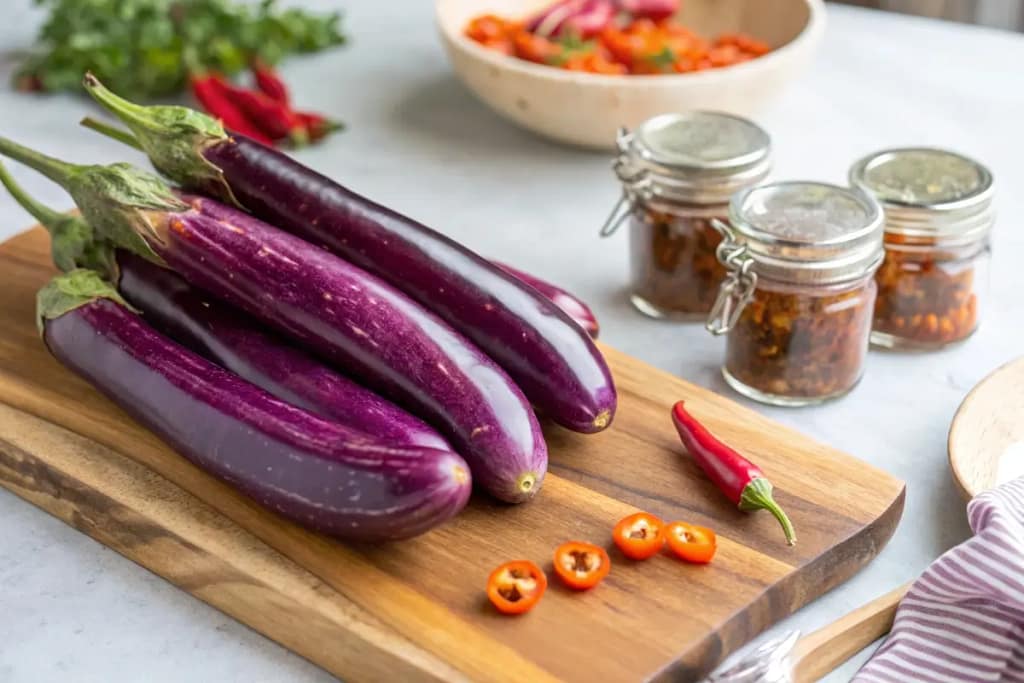  Vibrant Japanese eggplants ready for pickling, with jars and spices awaiting the preservation process.