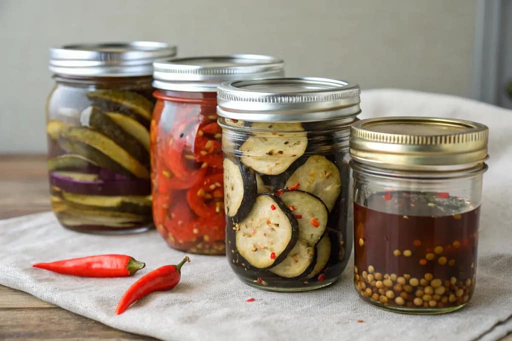 A visual comparison of various pickling methods for Japanese eggplant, showing differences in color and flavor additions.