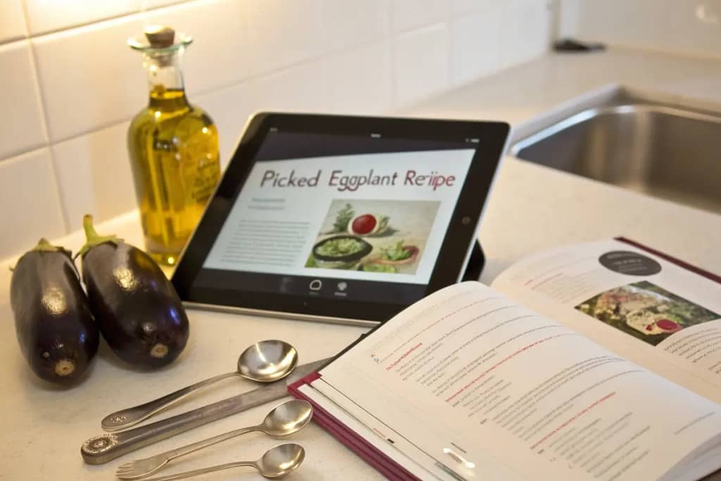  Demonstrating how to follow a simple pickled eggplant recipe step-by-step, with all ingredients laid out neatly.