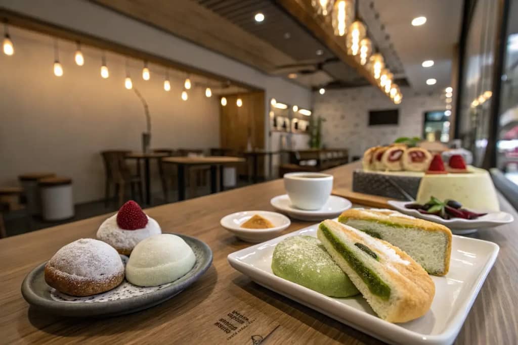  A delightful array of Japan’s beloved sweet treats, including mochi, dorayaki, matcha roll cake, and taiyaki—showcasing the variety of Japanese Desserts Names.