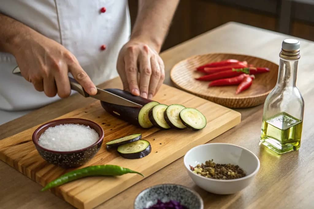  Preparing Japanese eggplants for pickling: trimming, slicing, and gathering essential brine ingredients.