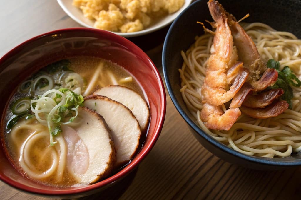 A side-by-side comparison of a rich tonkotsu ramen bowl and a comforting udon noodle soup, showcasing Japan’s diverse noodle culture.