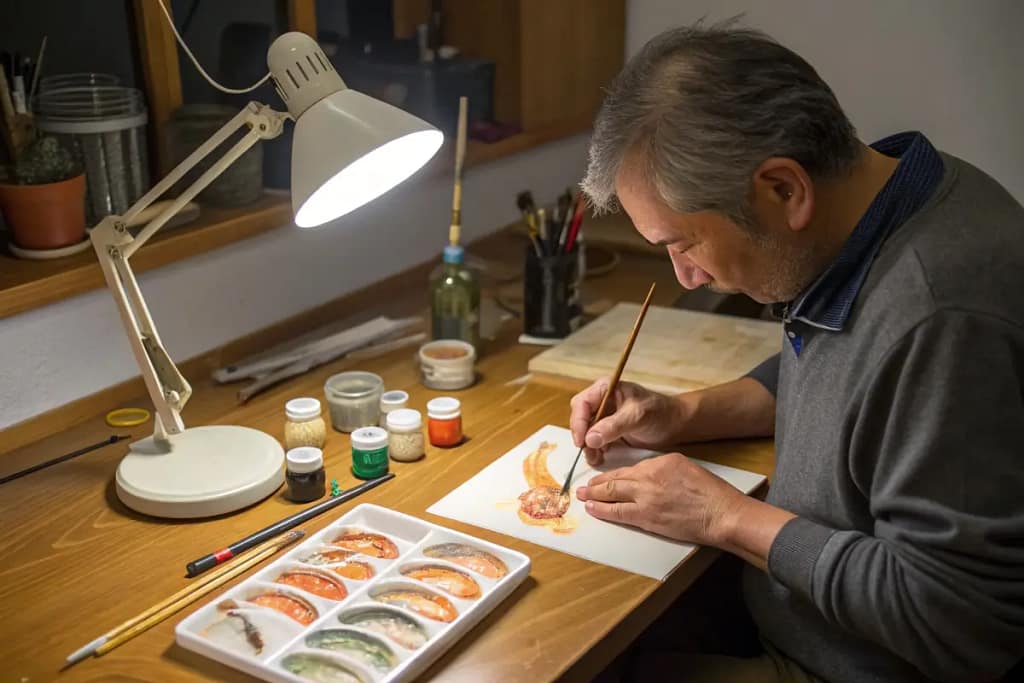  A skilled artisan hand-detailing a tempura prawn replica, embodying the precision and artistry of sanpuru creation.