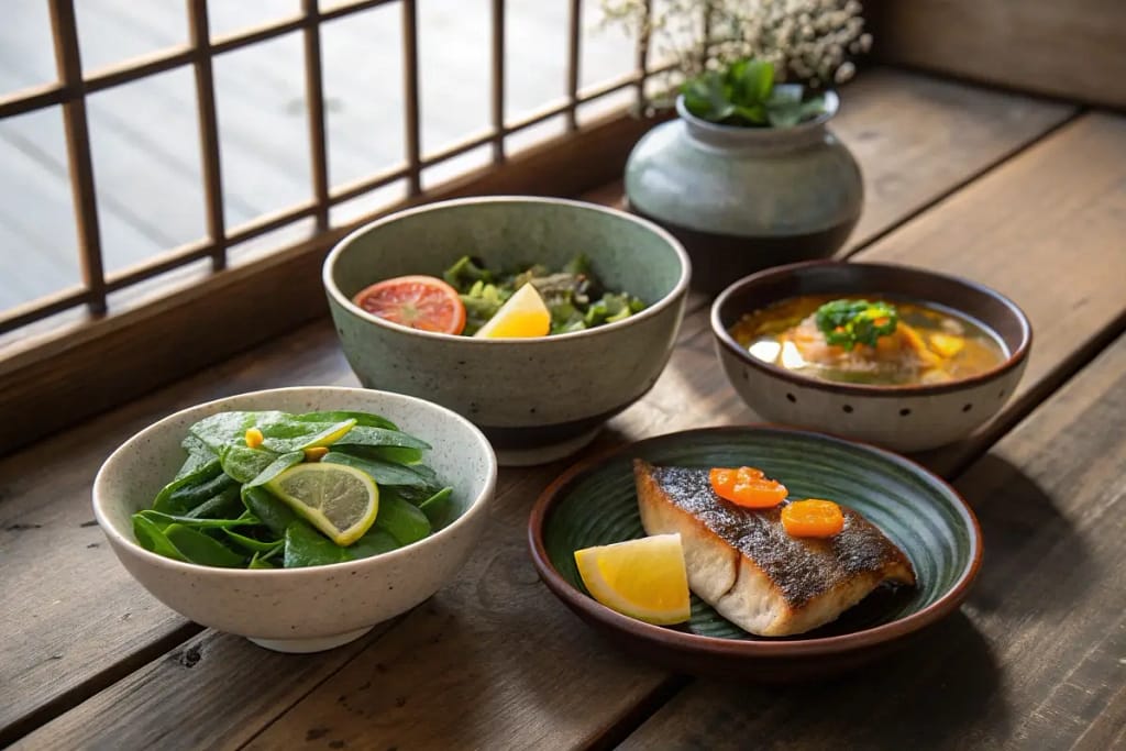 Seasonal Japanese breakfast dishes incorporating fresh produce and grilled fish.