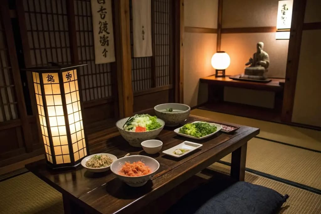 A concluding scene that captures Shinto’s gentle yet enduring role in Japanese meals, unifying nature, cuisine, and heartfelt gratitude.