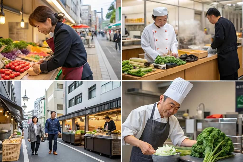 A collage depicting how Shinto’s respect for resources and seasons manifests across diverse culinary settings—from homes to restaurants and festivals.