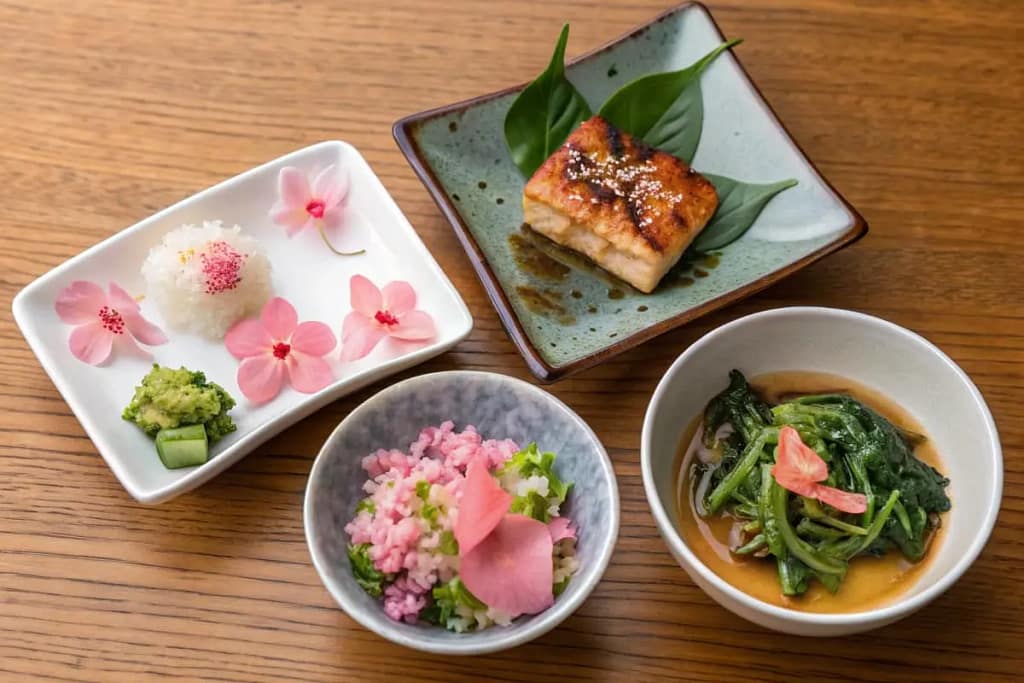 Seasonally-themed plates reflecting Shinto’s emphasis on nature’s cyclical bounty throughout the year.