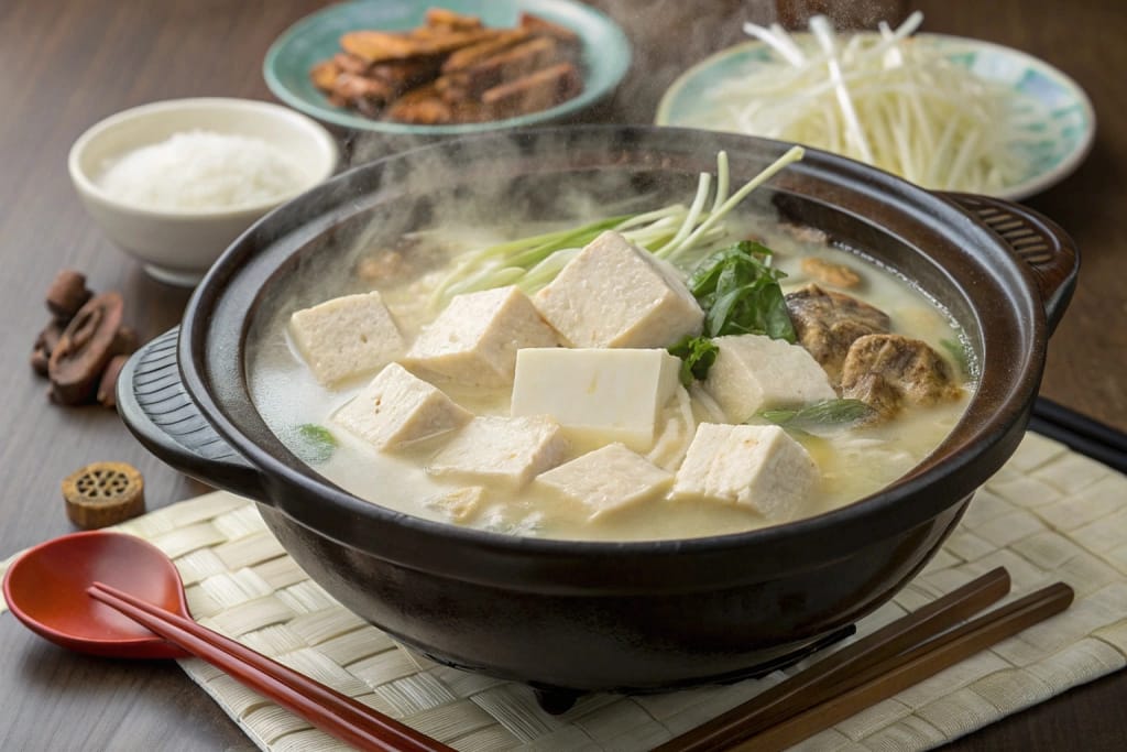 A simmering pot of tonyu nabe (soy milk hot pot), brimming with vegetables and tofu, exemplifying Japan’s gentle white soups.