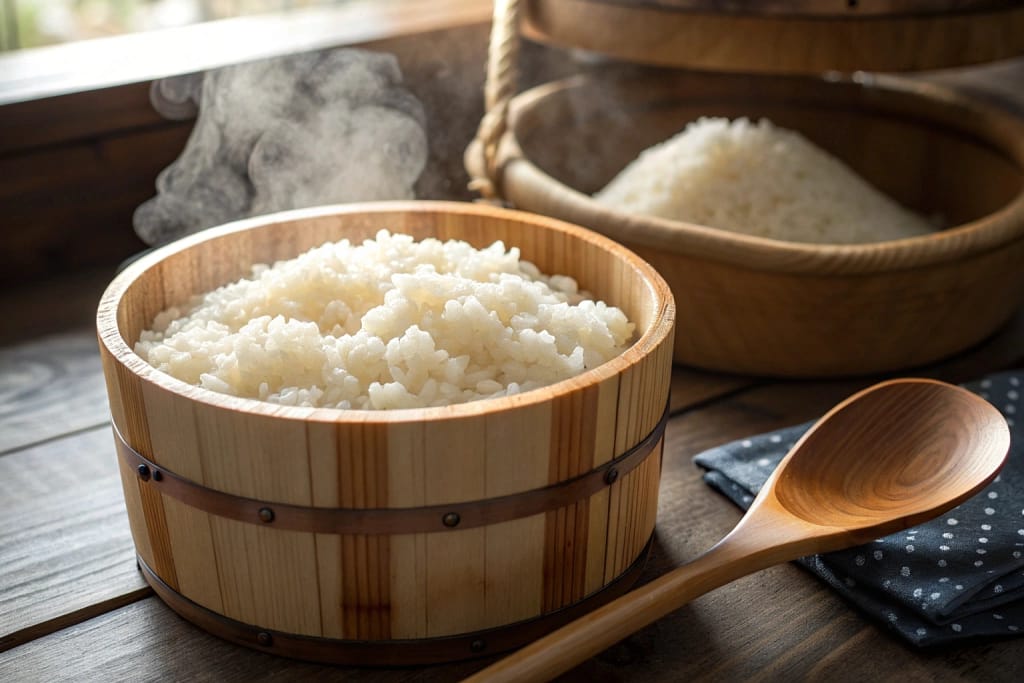 Steaming short-grain rice in a wooden hangiri, capturing the warmth and essential status of rice in Japanese cuisine.