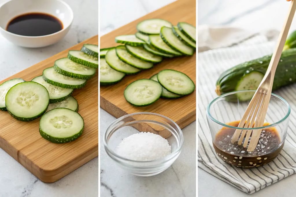 A visual guide to preparing Japanese cucumber salad, from slicing and salting cucumbers to mixing a sweet-and-tangy vinegar dressing.