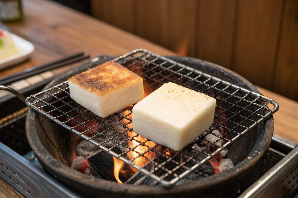 Fresh mochi squares turning golden on a charcoal grill, highlighting their transformation from chewy rice cake to crispy, aromatic bites.