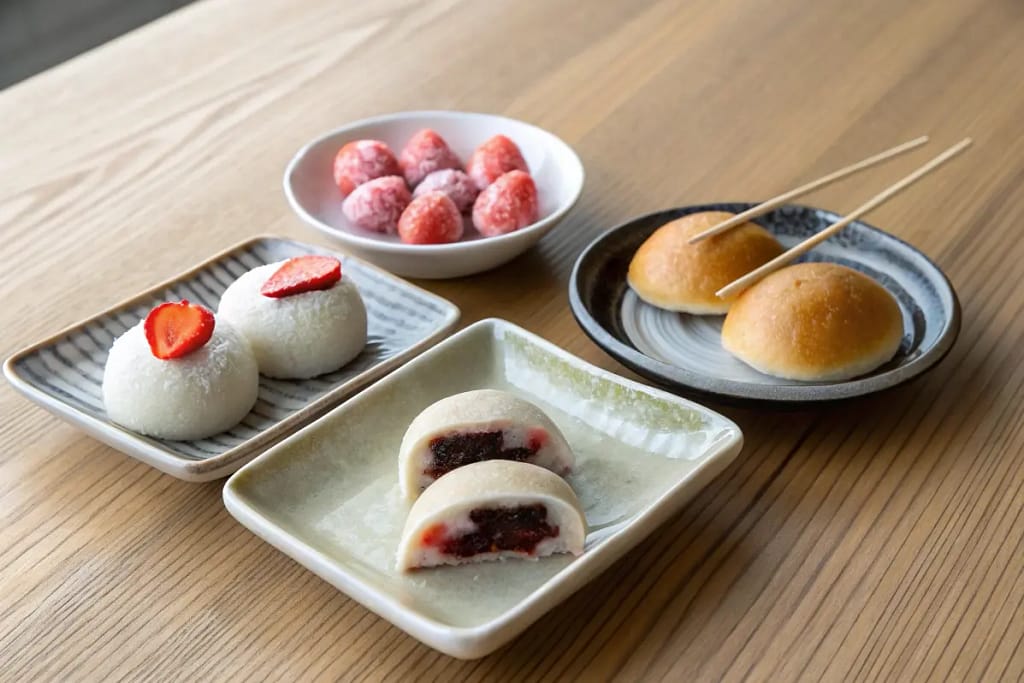 A curated selection of classic Japanese desserts, from fruity daifuku to glossy yokan and a half-sliced anpan bun.