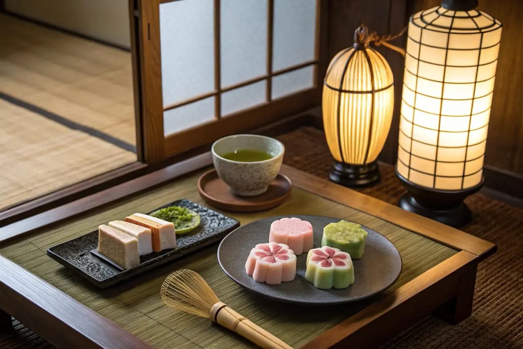 A serene wagashi presentation featuring manju, yokan, and nerikiri, highlighting the artistic dimension of traditional Japanese sweets.