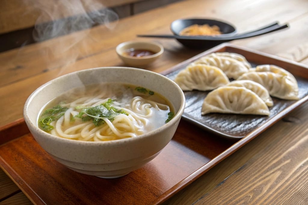 A comforting spread of hot white noodles (udon) in clear broth alongside steamed gyoza, showcasing the soft white aesthetics of Japanese cuisine.