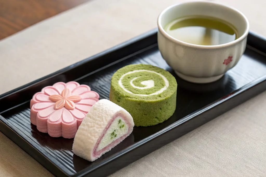 A selection of Japanese tea desserts on a lacquer tray, each highlighting distinct textures and flavors to complement various teas.